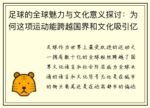 足球的全球魅力与文化意义探讨：为何这项运动能跨越国界和文化吸引亿万粉丝